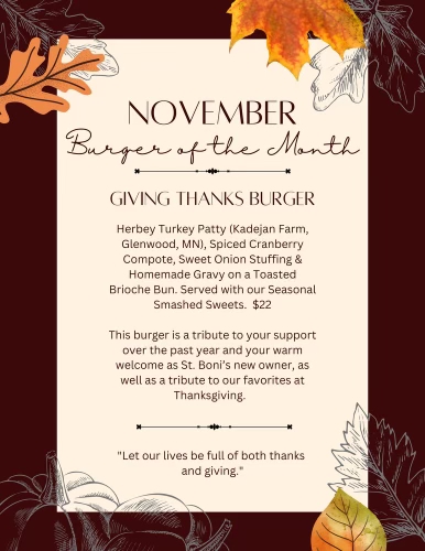 November Burger of the Month description - Giving Thanks Burger